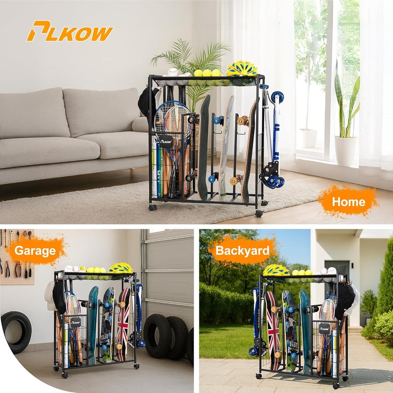 PLKOW Skateboard Storage Rack with Wheels, Sports Organizer for Skateboards, Scooters, Balls, Helmets and Sports Gear, Heavy Duty Sports Storage Rack for Garage, Home or School Use - Image 2